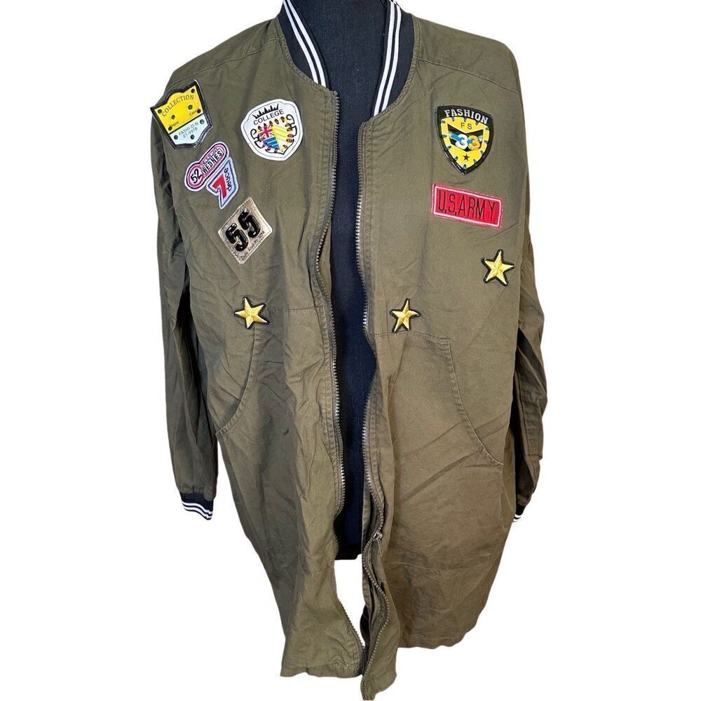 Your It Girl Olive Green Army Jacket with Fashion Patches Zip Up Sz Large